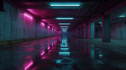 Infinite futuristic corridor illuminated by vibrant neon pink and cyan lights reflecting on wet floor