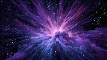 Vibrant purple petals burst in space, surrounded by stars and cosmic dust,