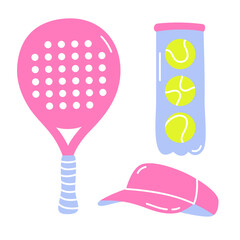 Padel sports equipment design set. Rackets, cap, set of balls. Vector illustration.