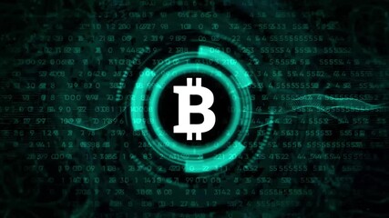 Bitcoin Symbol Icon on Futuristic HUD with Binary Code and Data Streams Keywords: bitcoin, cryptocurrency, digital currency, finance, technology, icon, futuristic, HUD - Powered by Adobe