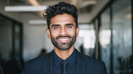 Obraz premium Smiling Professional: Headshot of a well-groomed man in a business suit, radiating confidence and approachability. He exudes success in a corporate setting.
