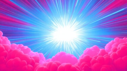 A vibrant burst of radiant light with symmetrical blue rays and soft pink clouds creates a dynamic and dreamy fantasy,