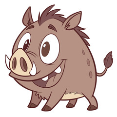 A cartoon drawing of a smiling warthog. The warthog is brown with tusks and tufts of hair on its head and tail. It has large eyes and appears to be in a playful, happy mood.