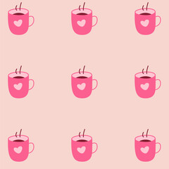 Seamless Pattern with Pink Coffee Cups and Hearts on Soft Background