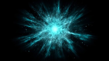 A dramatic explosive event with bright blue particles radiating outward from a central point against a dark background,