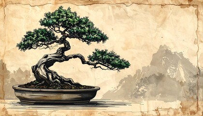 Bonsai tree on aged paper