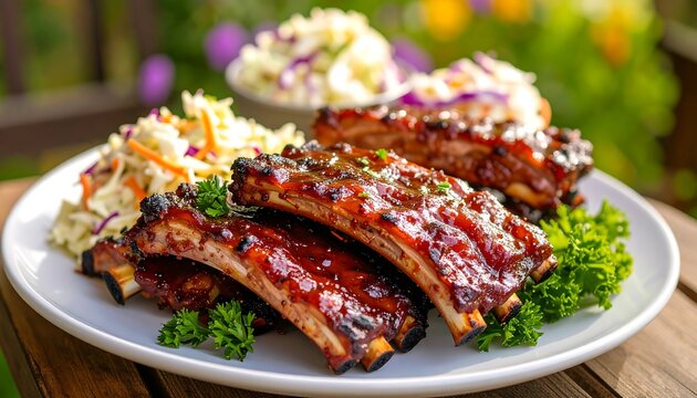 Delicious Grilled Ribs with Coleslaw.