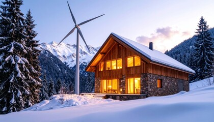 Cozy Cabin with Wind Turbine in Snowy Mountain Landscape.