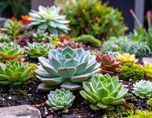 Colorful succulent garden display