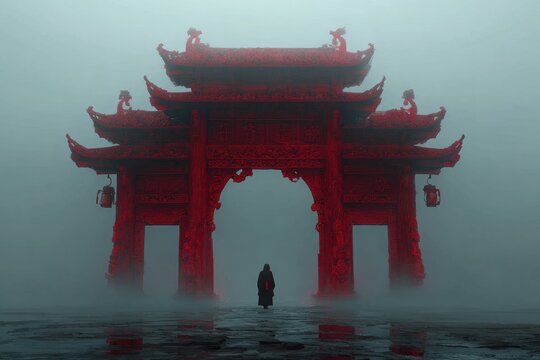 Hell China: Ancient Chinese Mythology - The Gate to the Spirit World in a Foggy Hellish Landscape