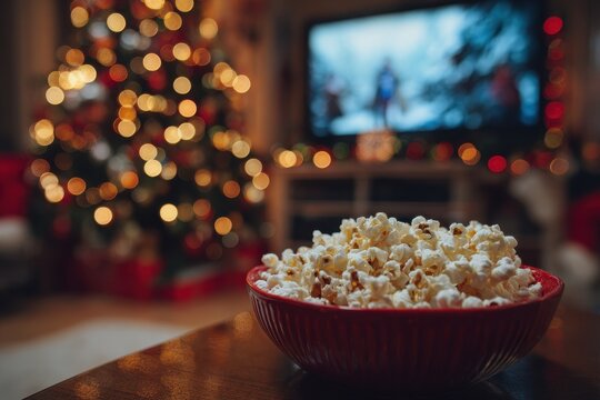 Christmas Tree with Popcorn. Red Bowl of Popcorn on Table for Home Cinema TV Night