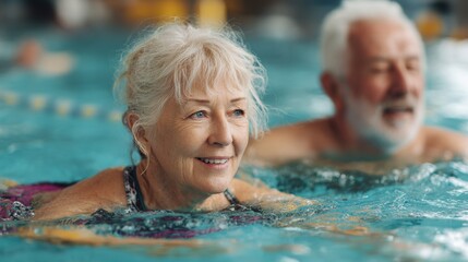 Adult Swim Lessons. Caucasian Elderly Couple Learning to Swim Together in Pool Using Kickboard