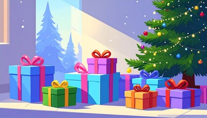 Christmas gifts by a window, festive scene