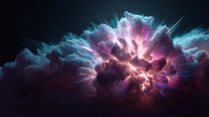 Dramatic burst of energy explosion in cloudy sky with deep blues purples vibrant pinks whites rays extending outward spa