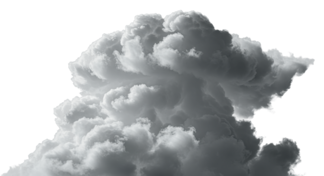 Monumental cumulus cloud with sculptural folds and fibrous wisps, expanding on transparent background with soft shadow, dramatic macro close-up studio shot, concept of ethereal beauty