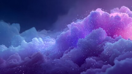 Ethereal scene of billowing clouds in shades of blue and purple against a dark background, soft texture,