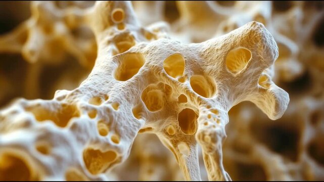 Microscopic closeup of porous spongy bone tissue, illustrating osteoporotic structure with large cavities.