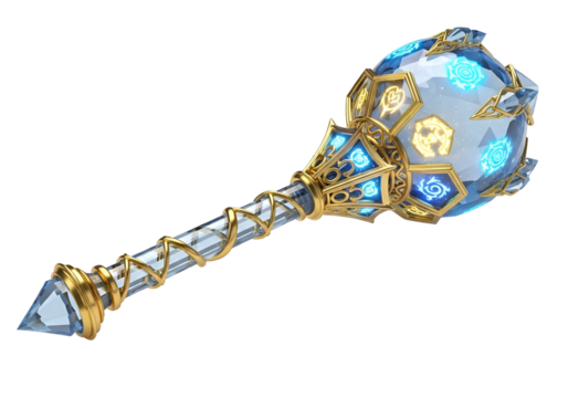 Ornate, crystal-encrusted staff with glowing blue and gold embellishments,  exuding an otherworldly and magical aura.