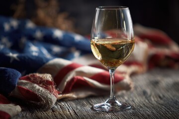 Fourth Of July Wine. Celebrating Independence Day with American Flag and White Wine