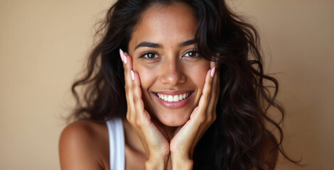 Skincare Concept. Beautiful young indian woman touching face and looking at camera