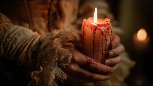 Creepy night Halloween scene, Close-up of hands in lace sleeves holding a lit candle with red wax and blood drips and warm, moody glow. 