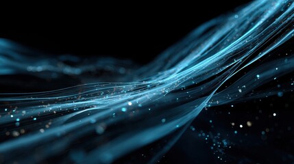 Flowing blue light streams with glowing particles and bokeh on a black background