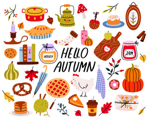 Hello autumn collection, hand drawn set of coffee, pumpkins, pie, doodle icons of fall symbols and food, cozy holidays. Vector cartoon illustration.