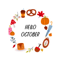 Hello october collection, hand drawn set of pretzel, pancake, pie, pumpkin, doodle icons of fall symbols and food, cozy holidays. Vector cartoon illustration.