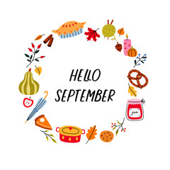 Hello september collection, hand drawn set of pumpkin, pretzel, pie, jam, doodle icons of fall symbols and food, cozy holidays. Vector cartoon illustration.
