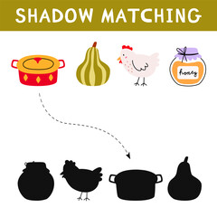Autumn shadow matching activity for children. Fall puzzle with cozy elements. Educational game for kids. Find the correct silhouette printable worksheet. Vector cartoon illustration.