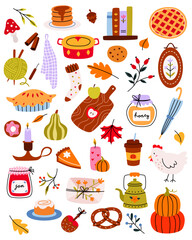 Autumn collection, hand drawn set of coffee, pumpkins, pie, doodle icons of fall symbols and food, cozy holidays. Vector cartoon illustration.