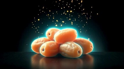 Neon glowing date fruit icon with golden brown and aqua aura