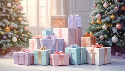 Christmas gifts stacked in a sunlit room