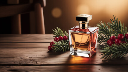 Elegant glass perfume bottle with golden cap surrounded by festive pine and red berries pine sprigs