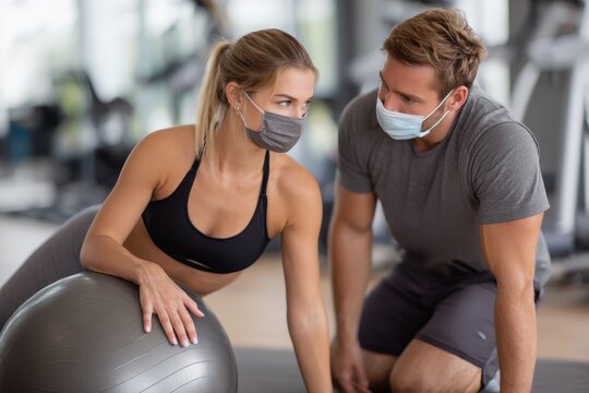 Personal Trainer With Mask. Young Woman Doing Fitness Ball and Pilates Exercise With Coach for Health