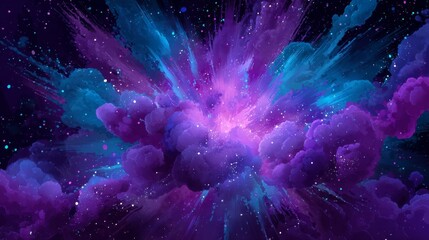 Abstract digital artwork with vibrant purple and blue explosion against a dark cosmic backdrop,