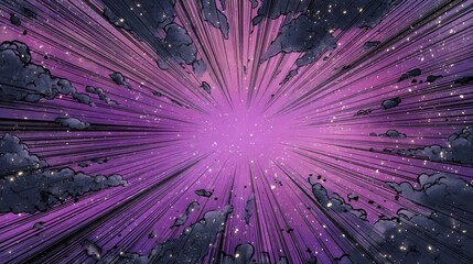 A vibrant pink-purple cosmic explosion with sharp glowing rays, resembling a celestial impact, dark debris clouds,