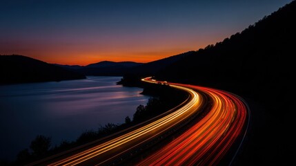 Fototapeta premium Streaking car lights illuminate a winding highway beside a tranquil lake at dusk