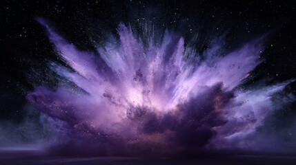Vibrant purple firework cloud explodes with radiant energy, surrounded by countless twinkling stars,