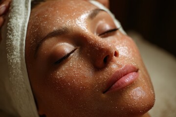 Naklejka premium Soins Corps: Woman Relaxing with Body Exfoliation Peeling
