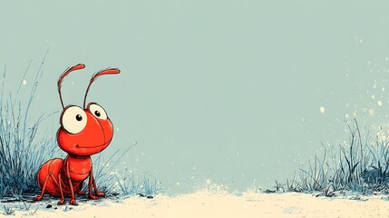 Naklejka premium Cute Cartoon Red Ant Illustration, Standing in Grass, Blue Background