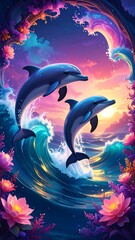 Dolphins leap in sunset seascape
