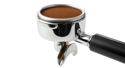 Freshly ground coffee fills a chrome portafilter, ready for brewing a rich espresso.