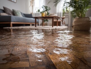 Flooded Living Room. Water Damage in House: Floor Flooding from Leaking Leak