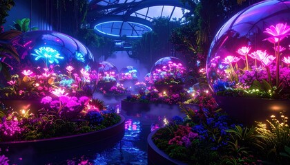 Futuristic Botanical Garden with Plants, Bioluminescent, and Neon Lights.