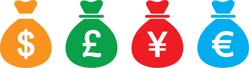 Obraz premium Money Bag Icons. Money Bag and Currency Sign Vector Icon Set. USD, EUR, JPY, GBP Icon. Editable Stroke isolated on white background