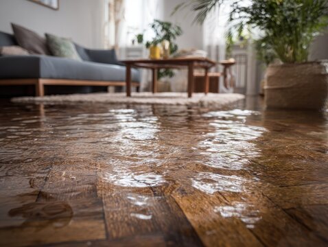 Fototapeta Flooded Living Room. Water Damage in House: Floor Flooding from Leaking Leak