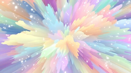 Vibrant abstract design with a central flower-shaped pattern, radiating geometric shapes in pastel colors, pink, purple,