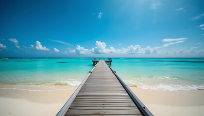Fototapeta premium A Wooden Pier Extending into a Calm Turquoise Ocean, an Idyllic Tropical Scene for Travel and Relaxation