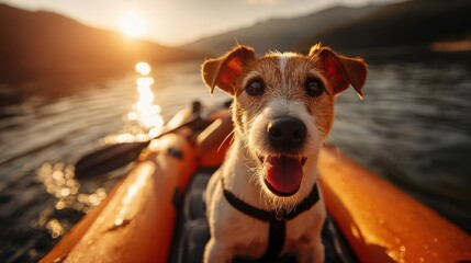 Canoe Dog: Young Boy and his Dog Enjoying a Kayak Ride on a Mountain Lake at Sunset